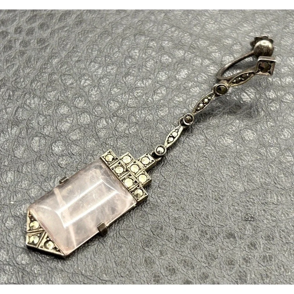 Art Deco Germany Rose Quartz Marcasite Sterling Silver Screw Back Single Earring
